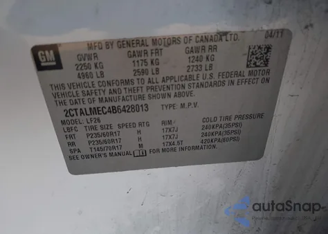 2011 GMC Terrain Sle-1 from USA, damaged, VIN 2CTALMEC4B6428013